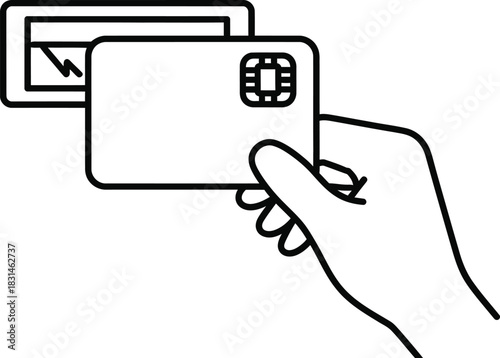 Hand inserting credit card into card reader line art illustration