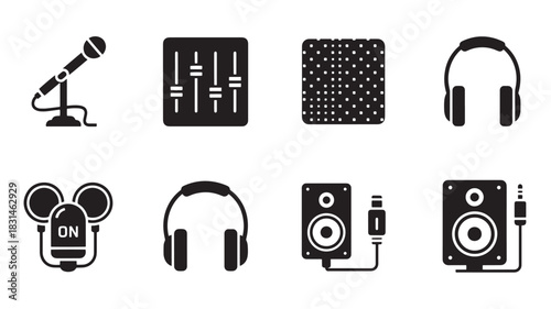 Audio Recording Studio Equipment Vector Set: Microphone, Mixer, Headphones, Speakers for Podcast, Voice Over, Music Production