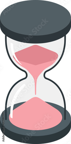 Isometric hourglass icon with pink sand, symbolizing the passage of time, deadlines, and countdowns. A simple vector illustration representing patience and history
