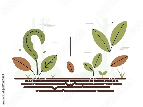 Illustration of plant life cycle, showcasing growth stages from seed to mature plant