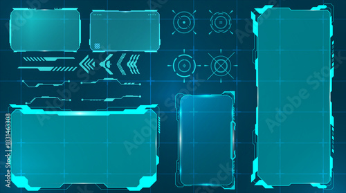 Vector technology box  futuristic callout title banner  and digital frame boxes. HUD screen or textbook blue