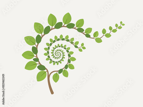 Green leafy branch unfurling in a mesmerizing spiral pattern, symbolizing organic growth and the geometry of nature