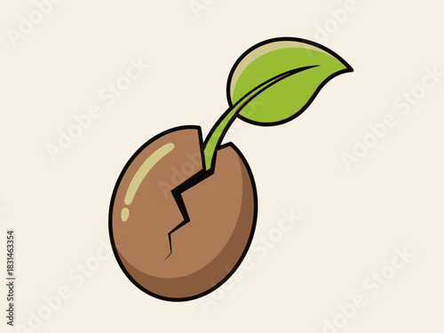 Simple flat vector illustration of a sprouting seed with a green leaf, symbolizing new life, growth, and a fresh beginning