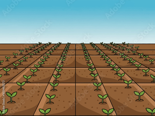 Vast agricultural field with young green sprouts growing in neat rows under a clear sky, representing new beginnings and sustainable farming practices
