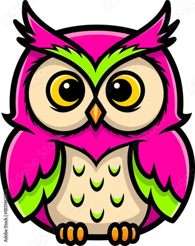 Cute cartoon owl with bright pink and green colors.