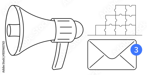 Communication concept. Outline icons of a megaphone, email with notification, and puzzle pieces for teamwork. Communication in marketing, collaboration, problem-solving, alerts, email management