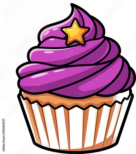 Delicious purple cupcake with golden star on top perfect for celebrations.