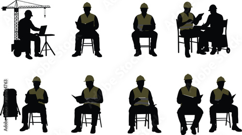 Construction workers reviewing documents and planning at worksite, teamwork safety process, project management concept, cad drawing flat vector illustration