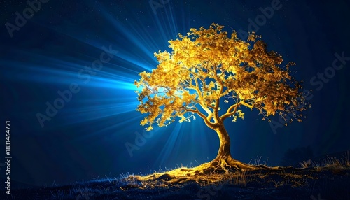 Glowing golden tree illuminated by bright blue rays in a dramatic night landscape scene.