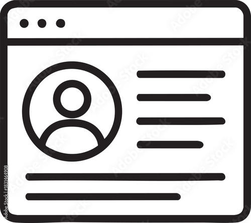 a simple black and white linear icon depicting a user profile within a rectangular frame