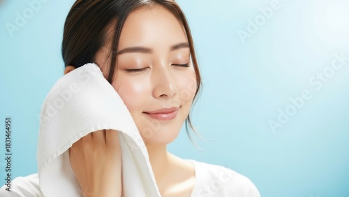 Young Asian woman with beautiful clear skin gently dabbing her face with a soft white towel after washing, representing freshness, health, and a mindful skincare routine in a peaceful moment