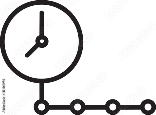 A simple black and white line art illustration depicting a clock connected to a dotted line progression
