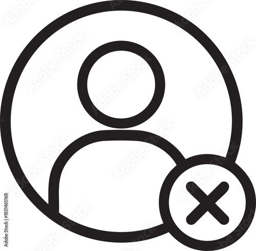 A simple black and white line drawing depicts a user profile with a cancellation mark