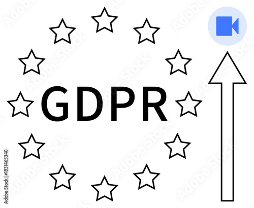 GDPR text surrounded by 12 stars, a rising arrow, and a video call icon. Ideal for data security, privacy policy, compliance, EU regulations, communication, technology simple flat metaphor