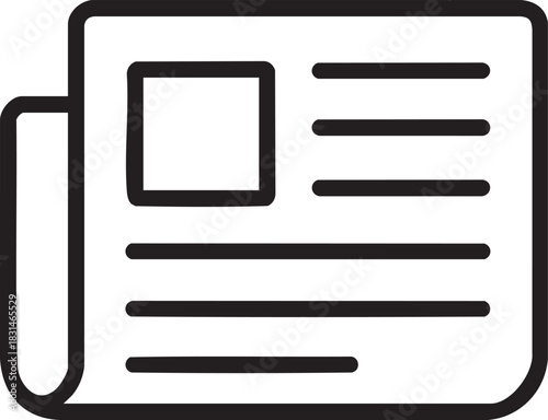 A simple black and white line drawing depicts a folded newspaper with visible text lines and a blank space
