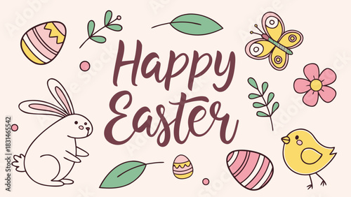 Vector illustration of words 'Happy Easter' with cute rabbit, chick, decorated eggs, spring flowers, leaves, butterflies, colorful doodle elements for kids’ cards
