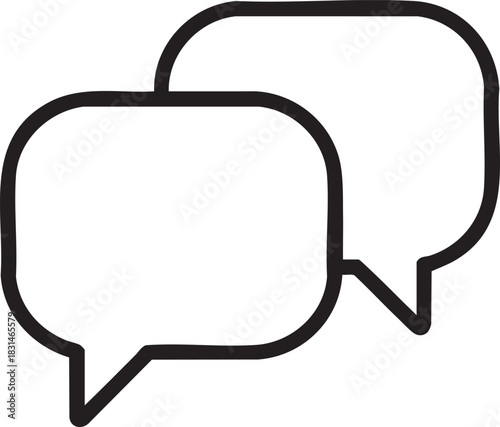 Simple black and white illustration depicting two overlapping speech bubbles representing communication and dialogue high quality