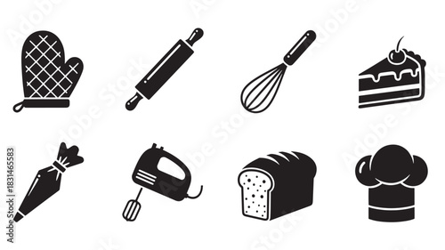 Baking and Pastry Equipment Vector Icon Set: Oven Mitt, Rolling Pin, Whisk, Cake, Piping Bag, Mixer, Bread, Chef Hat