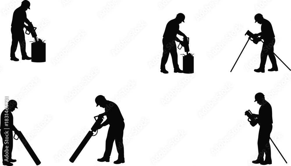 Obraz premium Construction workers using tools and surveying equipment, multiple tasks and safety process illustration, industrial teamwork concept, cad drawing flat vector illustration