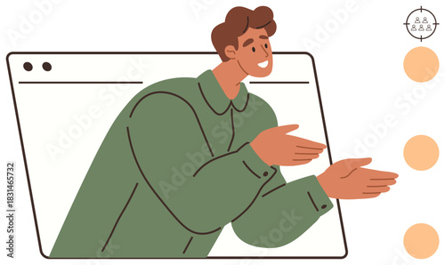 Man extending hands out of a browser window frame, symbolizing online communication, digital interaction, and readiness to help. Ideal for teamwork, training, education, customer support, virtual