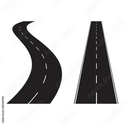 This image displays two simplified illustrations of roads. On the left, a dark, curved road snakes across a white background. On the right, a straight, straight road tapers towards the viewer. 