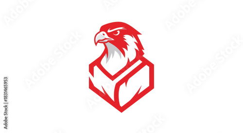 Bold red eagle head emblem design on white background logo