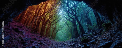 Magical forest cave with glowing vines concept. A vibrant forest scene showcasing colorful trees and natural beauty.