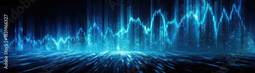 Cinematic market strength via metallic data visualization concept. Abstract blue light waves create a futuristic digital landscape.
