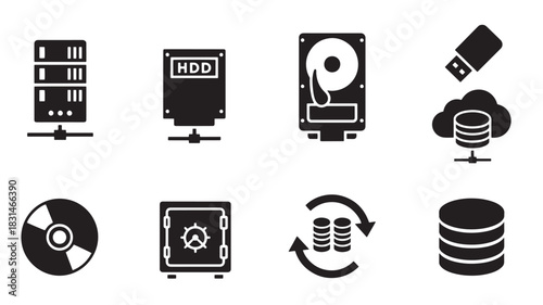 Data Storage Icon Set: Server, HDD, Flash Drive, Cloud Drive, CD, Safe, Data Transfer, and Cylinder Database