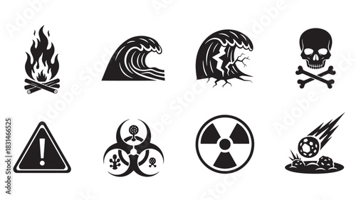 Danger and Warning Icon Set: Fire, Wave, Skull, Hazard Sign, Biohazard, Radiation, Asteroid Impact