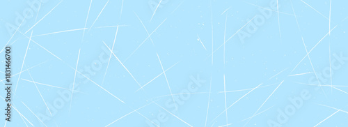 Scratched ice surface texture. Blue ice background with skate traces, cracks, scratches. Rough winter sport rink backdrop. Frozen lake or pond water wallpaper with dots, spot and lines. Vector