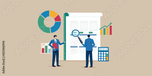 Business professionals analyzing financial data with charts and magnifying glass