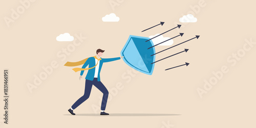 Businessman defends against incoming arrows with a shield
