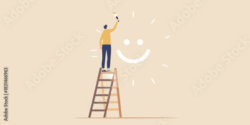 Person painting a smiley face sun on a ladder