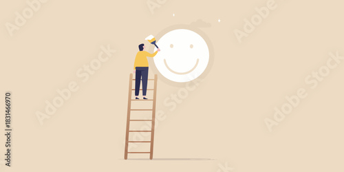 Person painting a large happy face on a wall with a ladder