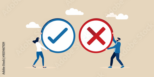 Man and woman holding checkmark and cross symbols