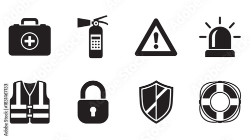 Safety Equipment Icon Set: First Aid Kit, Extinguisher, Hazard Sign, Siren, Vest, Lock, Shield, Lifebuoy