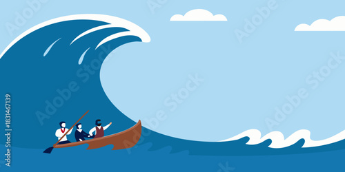 Business team navigates giant wave in small boat