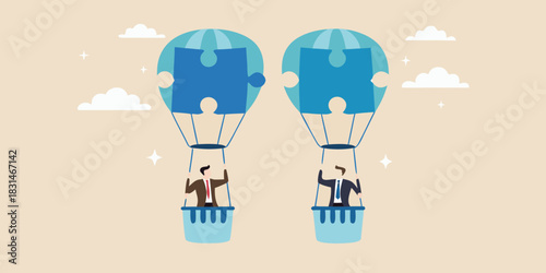 Two businessmen in hot air balloons with puzzle pieces representing collaboration
