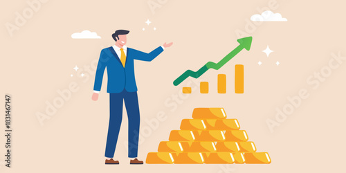 Businessman presents growing profits and stacked gold bars