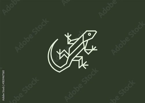 A simple geometric lizard logo drawn with minimal sharp lines, showcasing its agile body and distinctive tail, reflecting adaptability, alertness, and natural balance