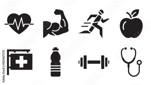 Healthcare Wellness Icon Set Vector Illustration. Heartbeat, Muscle, Running, Apple, Hospital, Water Bottle, Dumbbell and Stethoscope Pictogram