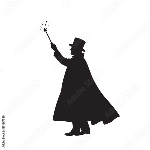 Silhouette of a Magician in Top Hat and Cloak Waving a Magic Wand with Stars Emanating
