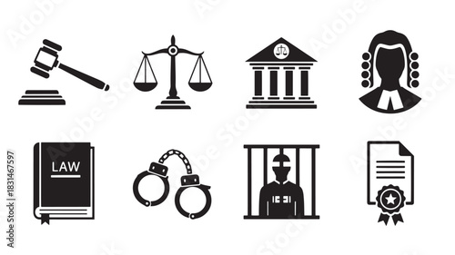 Law and Justice Icon Vector Set. Gavel, Scale, Court, Judge, Book, Handcuffs, Prisoner and Document Legal System and Courthouse Pictograms