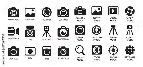 Camera photo video lens shutter flash tripod camcorder settings gallery mode icon modern simple black glyph set