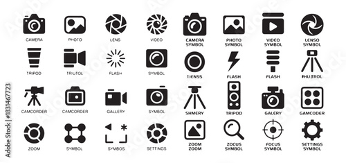 Camera photo lens video symbol icon set, tripod, flash, camcorder, gallery, zoom, focus, settings