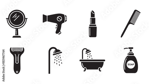 Personal Care Icons Set: Mirror, Hair Dryer, Lipstick, Comb, Razor, Shower, Bathtub, Soap Dispenser Vector Silhouette