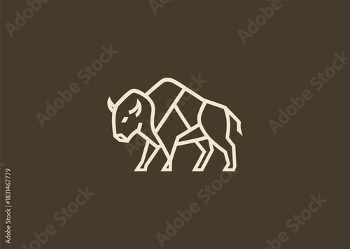 A simple geometric buffalo logo created with clean angular lines highlighting its strong horns and sturdy frame, symbolizing power, resilience, and grounded stability