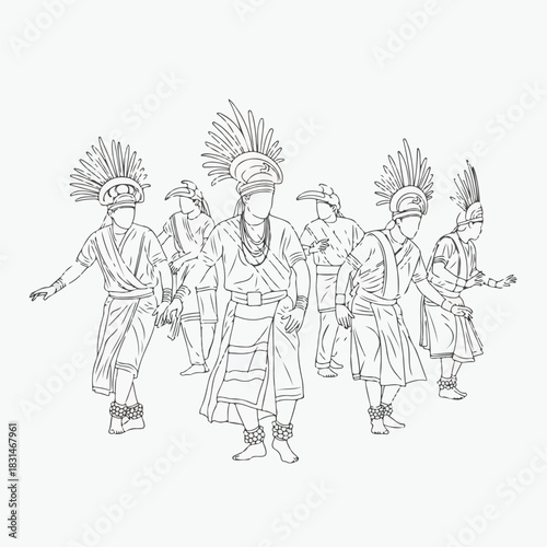 Line drawing of people wearing traditional Hornbill Festival costumes and headdresses, performing a dance on a plain white background with a cultural and festive mood.