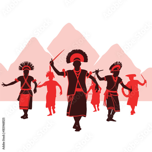 Silhouette of people in traditional attire performing a Hornbill Festival dance against a mountainous backdrop with a bold, graphic illustration style and a predominantly red and black